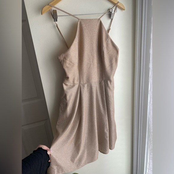 Jules & Cleo Glitter Gold High Neck Short A-Line Dress Size 10 Fit & Flare Mini - Picture 3 of 9